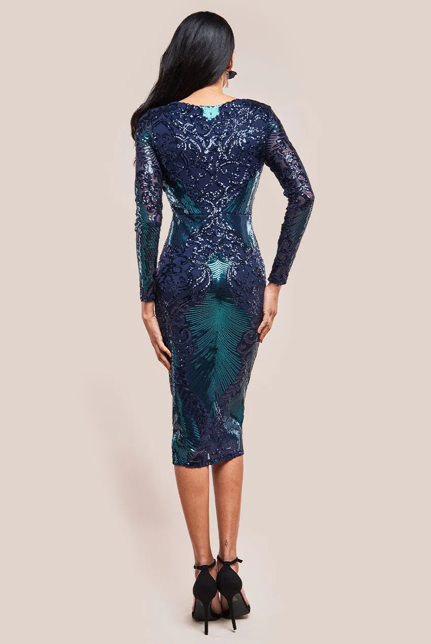 Goddiva Contrast Sequin Long Sleeve Midi Dress - Emerald