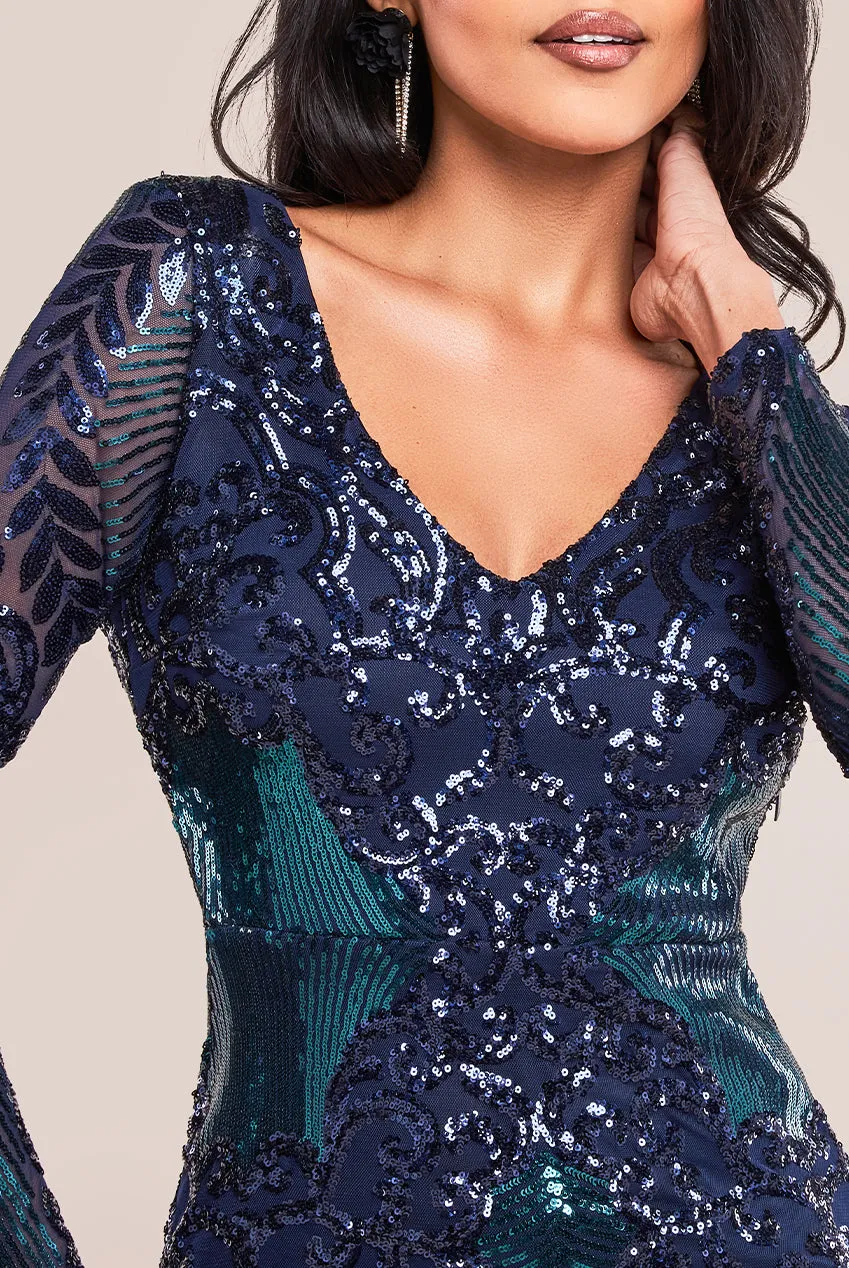 Goddiva Contrast Sequin Long Sleeve Midi Dress - Emerald