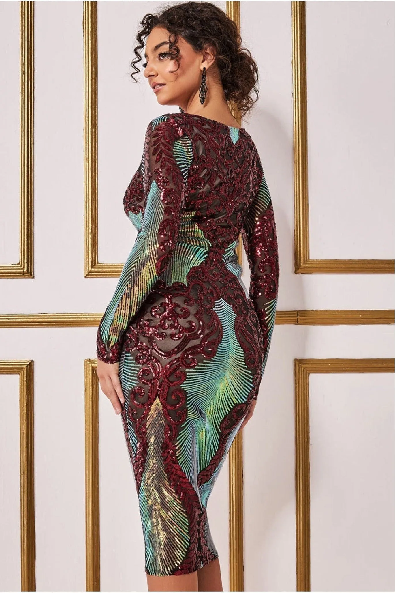 Goddiva Contrast Sequin Long Sleeve Midi Dress - Wine