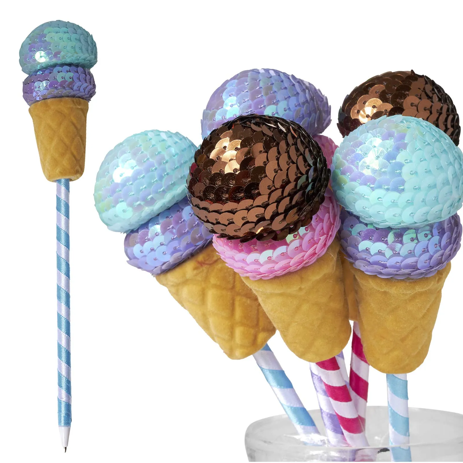 Ice Cream Sequin Pens - 6 Pack - 10 Inch Ice Cream Pen in Sparkling Design - Ice Cream