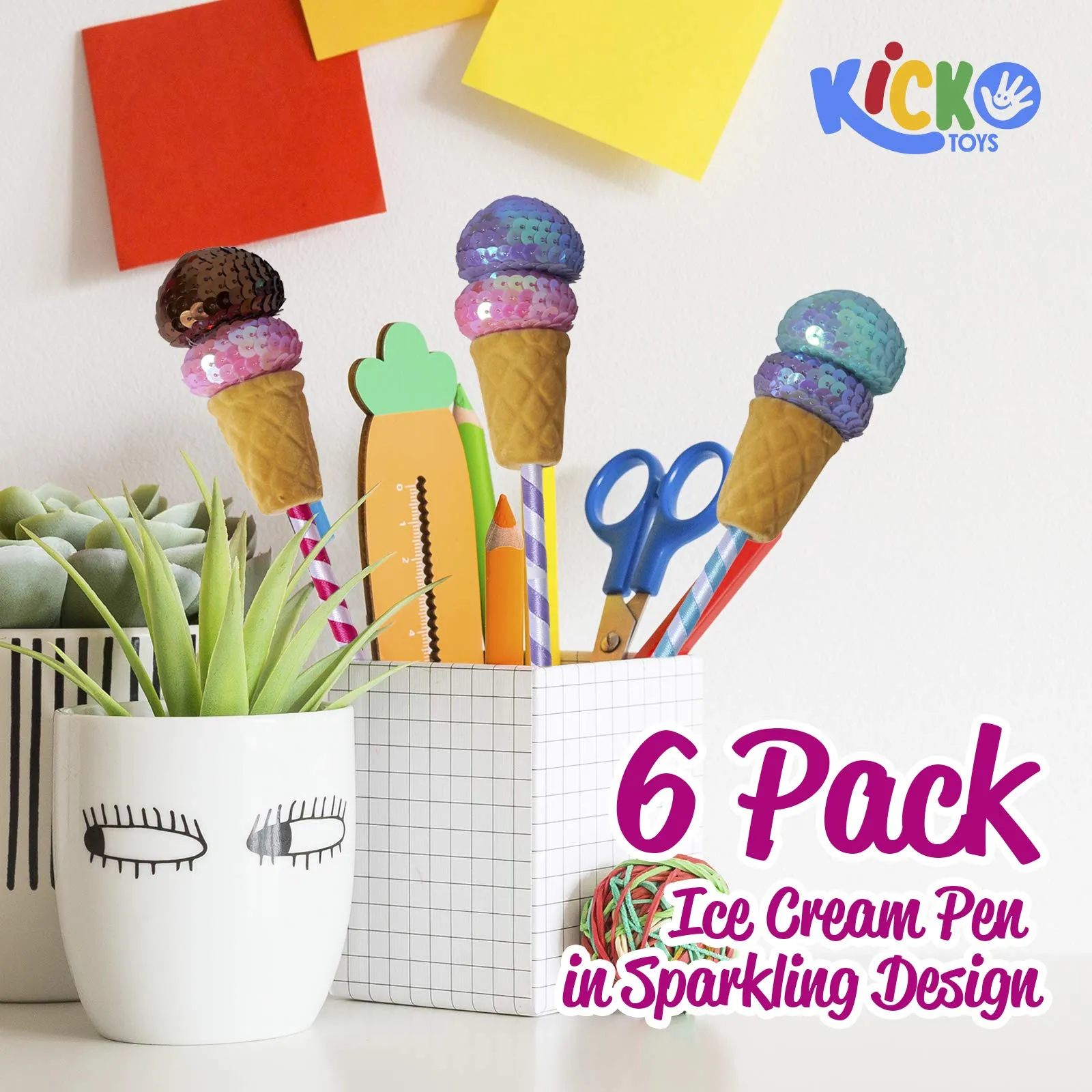 Ice Cream Sequin Pens - 6 Pack - 10 Inch Ice Cream Pen in Sparkling Design - Ice Cream