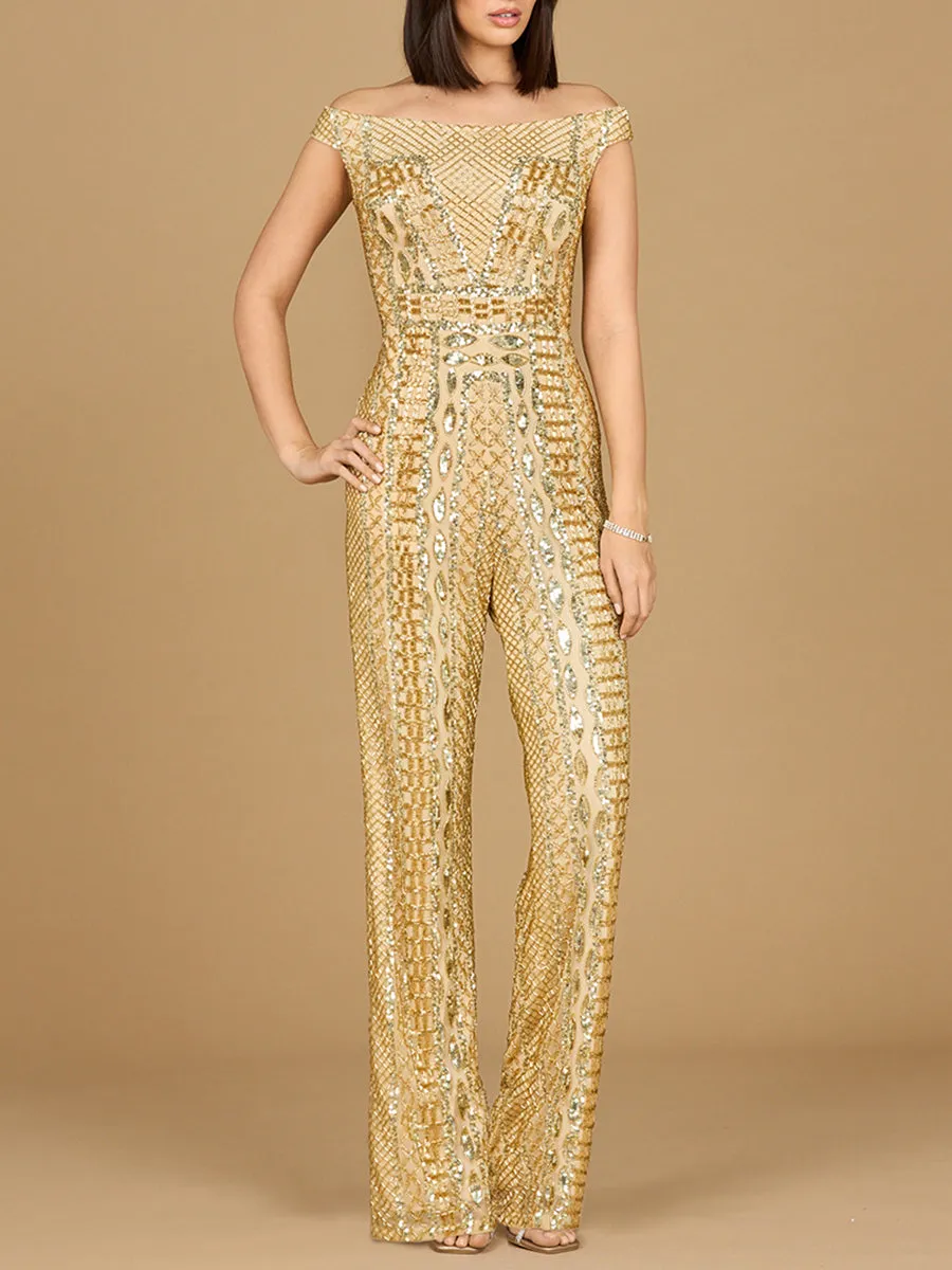 LARA 29323 - BEADED OFF SHOULDER JUMPSUIT
