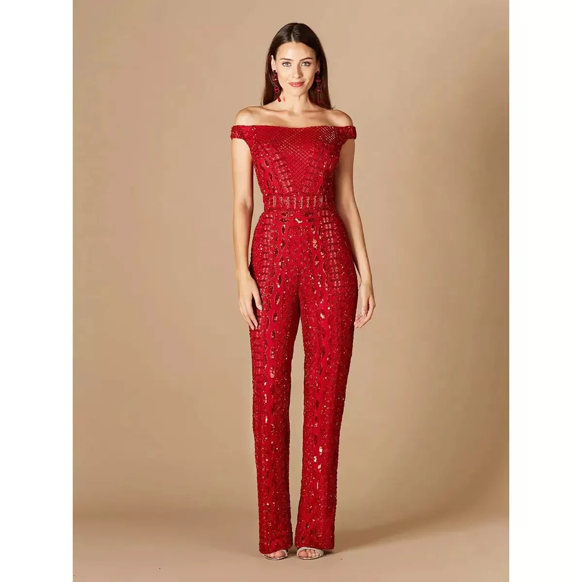 LARA 29323 - BEADED OFF SHOULDER JUMPSUIT