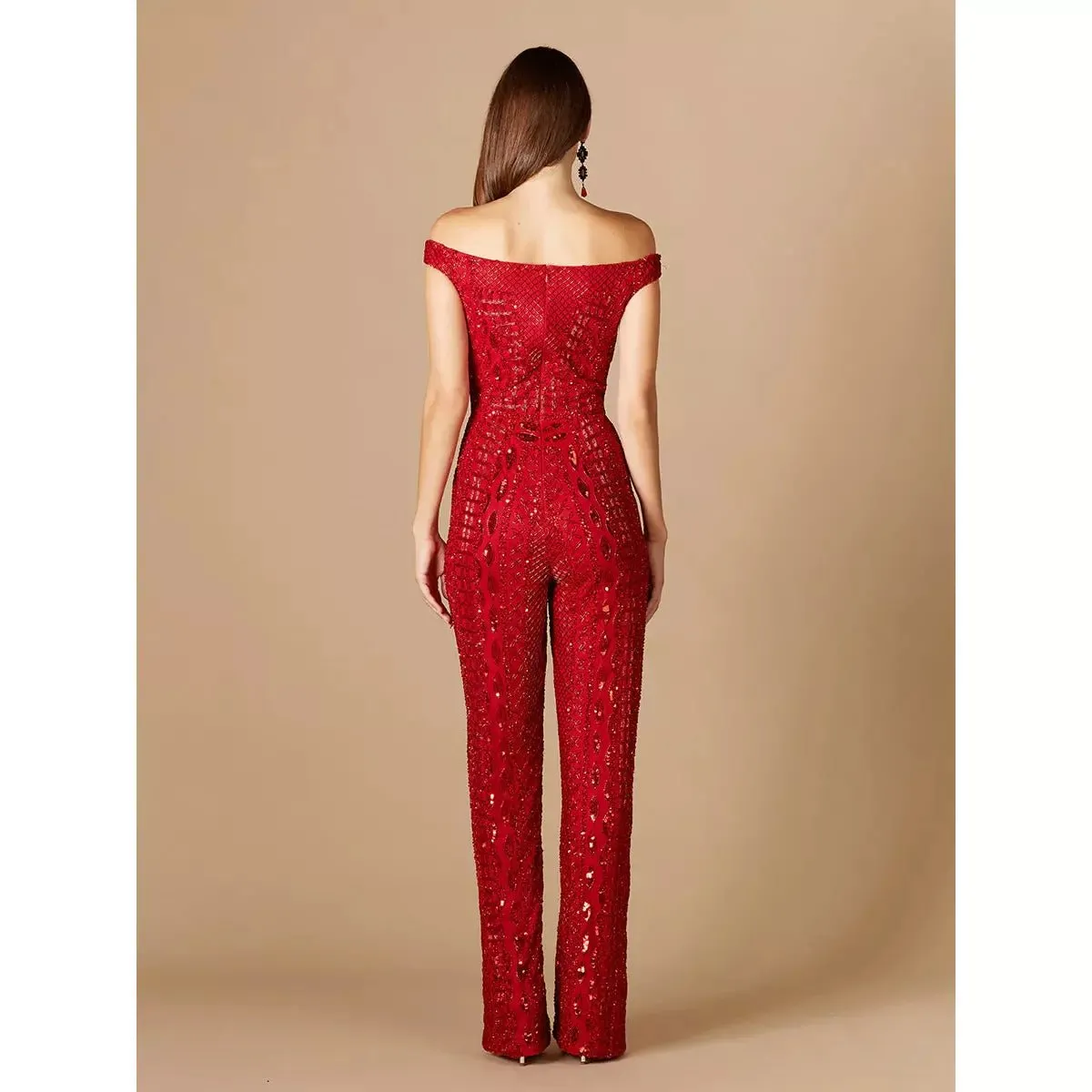 LARA 29323 - BEADED OFF SHOULDER JUMPSUIT