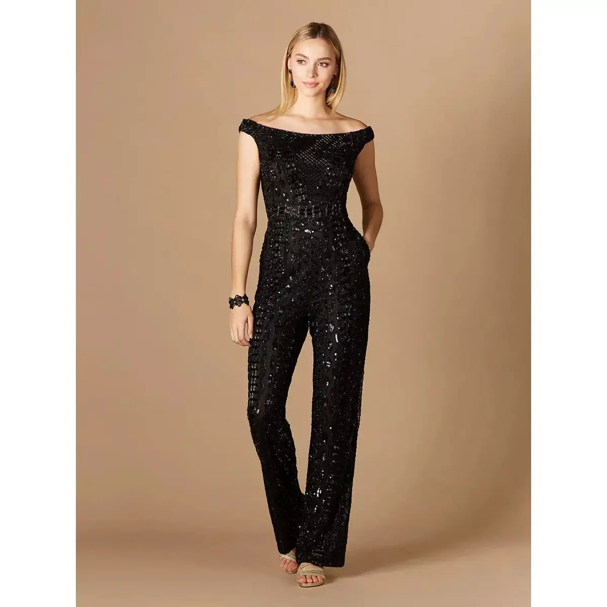 LARA 29323 - BEADED OFF SHOULDER JUMPSUIT