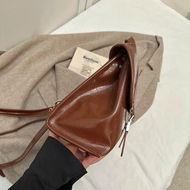 Large Leather Handbags Tote Satchel Flap Push Lock Women Retro Backpacks Purses