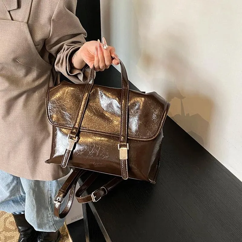 Large Leather Handbags Tote Satchel Flap Push Lock Women Retro Backpacks Purses