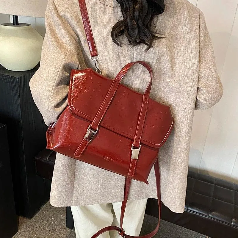 Large Leather Handbags Tote Satchel Flap Push Lock Women Retro Backpacks Purses