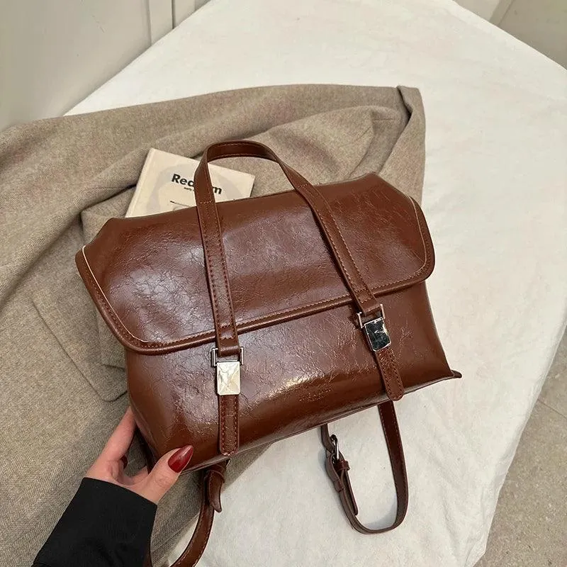 Large Leather Handbags Tote Satchel Flap Push Lock Women Retro Backpacks Purses
