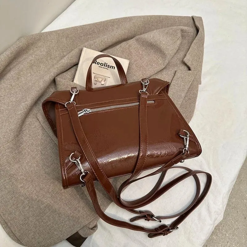 Large Leather Handbags Tote Satchel Flap Push Lock Women Retro Backpacks Purses
