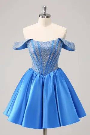 Luolandi A Line Off The Shoulder Blue Beaded Homecoming Dress Off Shoulder