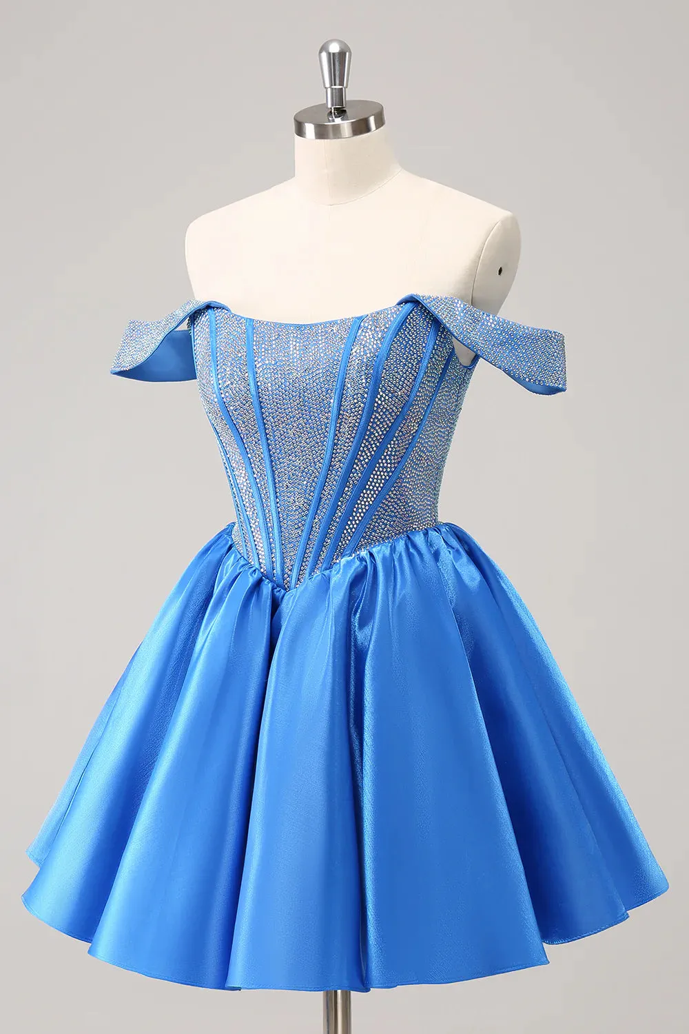 Luolandi A Line Off The Shoulder Blue Beaded Homecoming Dress Off Shoulder