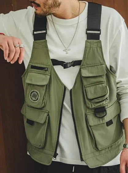 Maden Men Multi-pocket Tactical Vest Jacket & Bag Japan Retro Multi-function Photography Waistcoat Wide Shoulder Strap Solid Bag