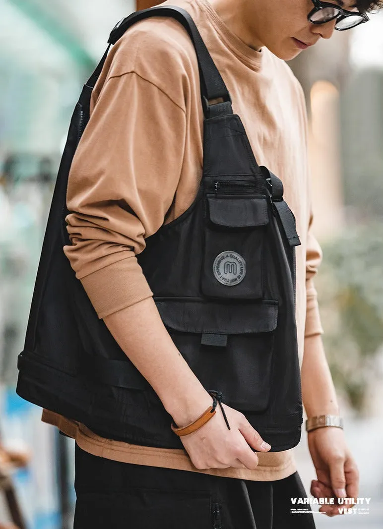 Maden Men Multi-pocket Tactical Vest Jacket & Bag Japan Retro Multi-function Photography Waistcoat Wide Shoulder Strap Solid Bag