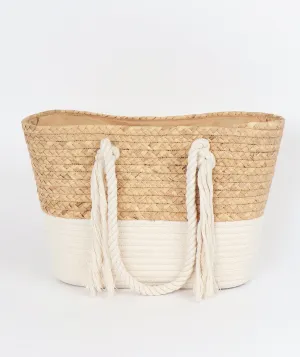 Natural/White Striped Straw Tote with Rope Handles and Zip Closure
