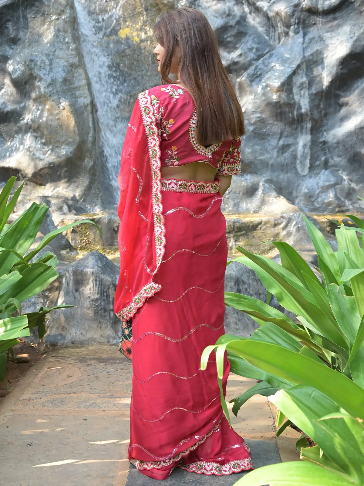 Odette Red Sequins Embroidered Satin Rangoli Saree with Unstitched Blouse for Women