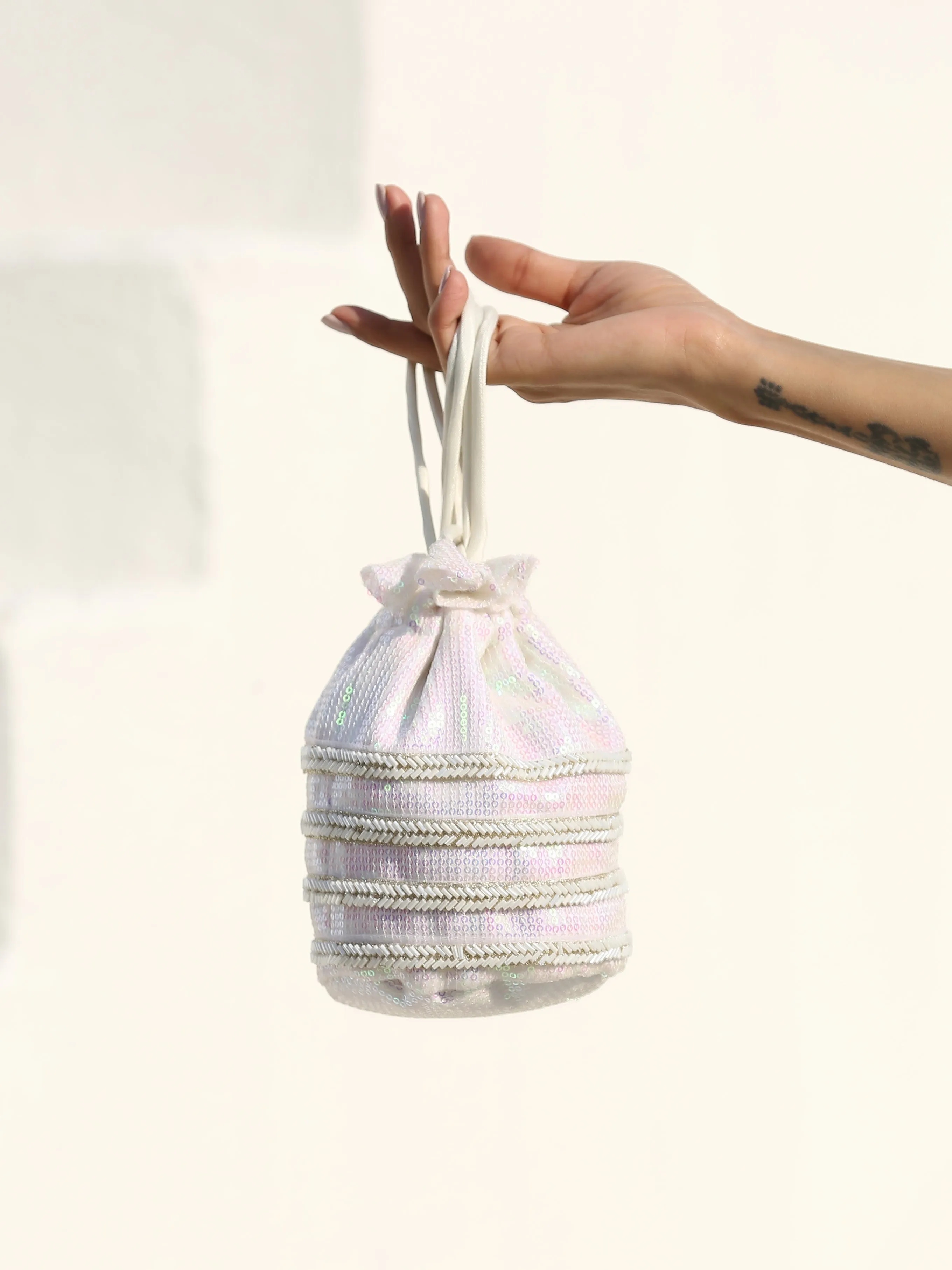 Potli - Iridescent Sequin with White Lace