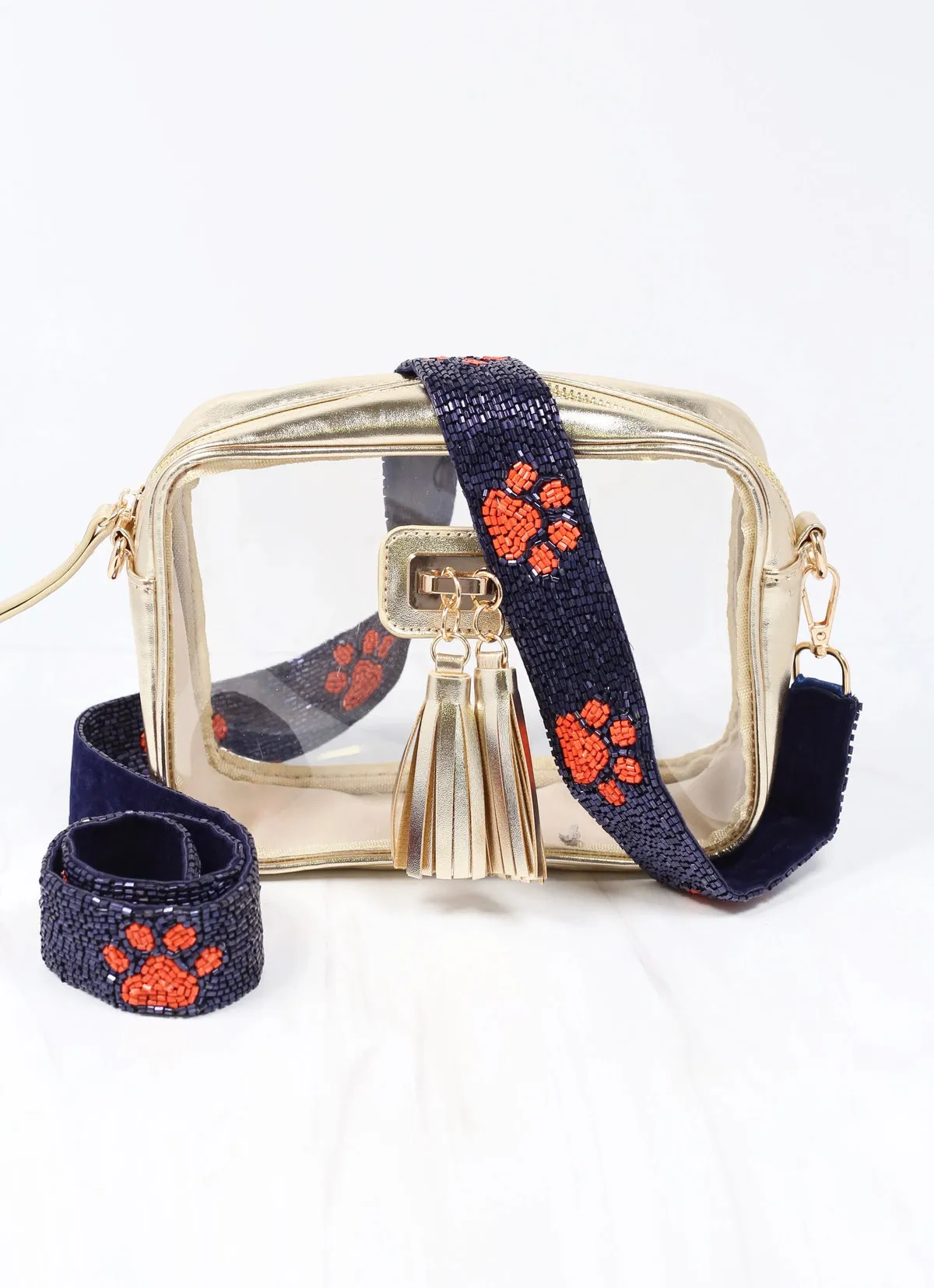 Quarterback Paw Print Beaded Crossbody Strap - Navy Orange
