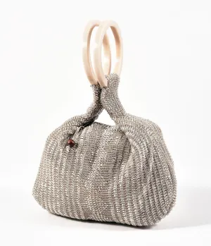 Retro Style Taupe Silver Beaded Satchel Bag