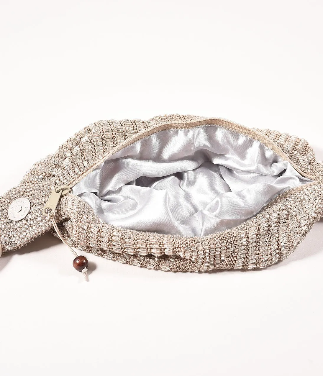 Retro Style Taupe Silver Beaded Satchel Bag
