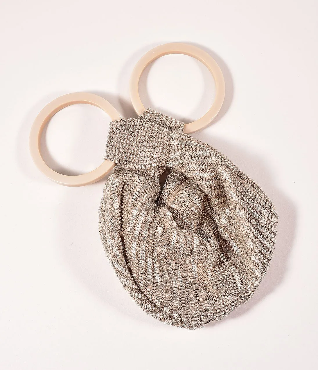 Retro Style Taupe Silver Beaded Satchel Bag