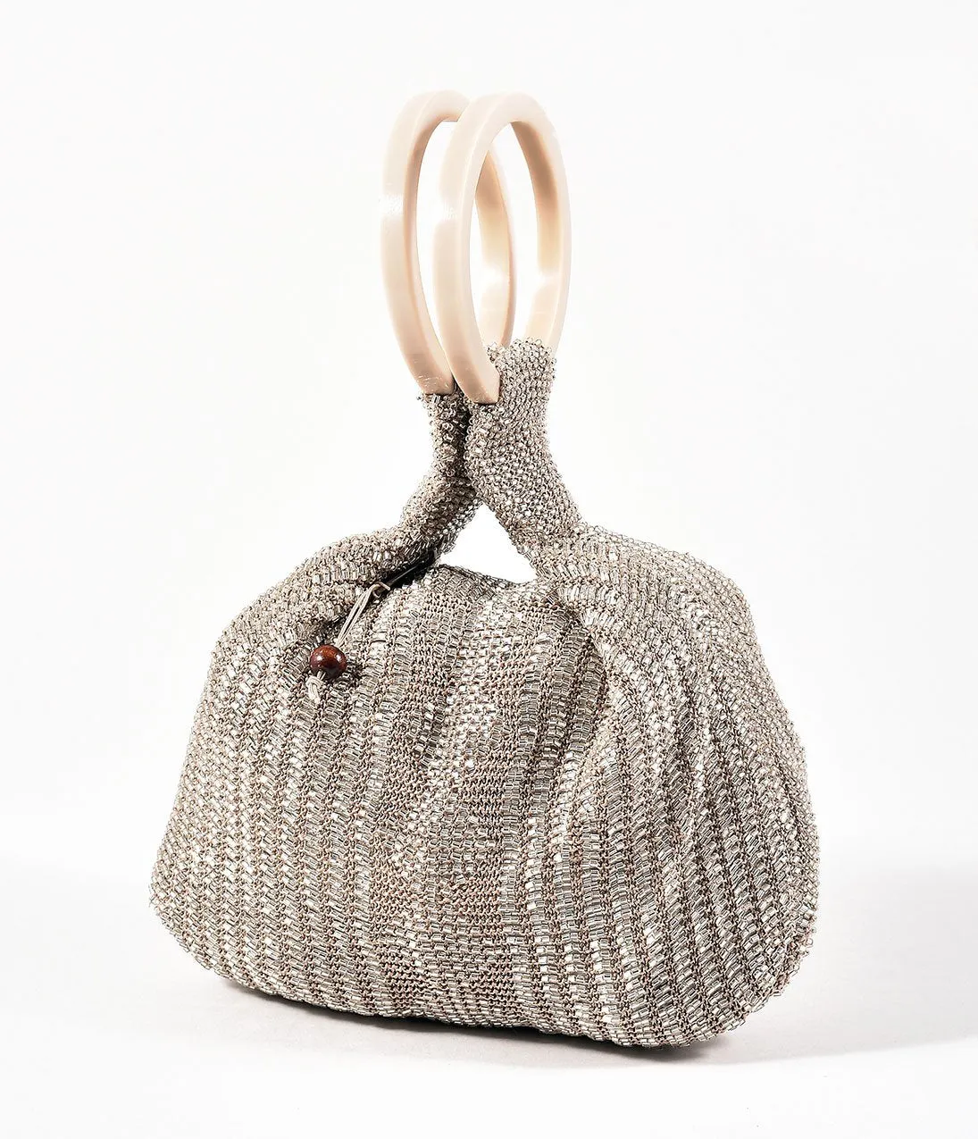 Retro Style Taupe Silver Beaded Satchel Bag
