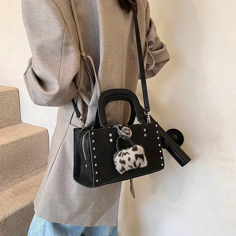 Small Leather Tote Bags Zipper Leopard Faux Fur Pendant Accessories Crossbody