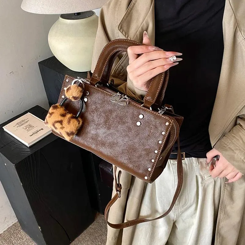 Small Leather Tote Bags Zipper Leopard Faux Fur Pendant Accessories Crossbody