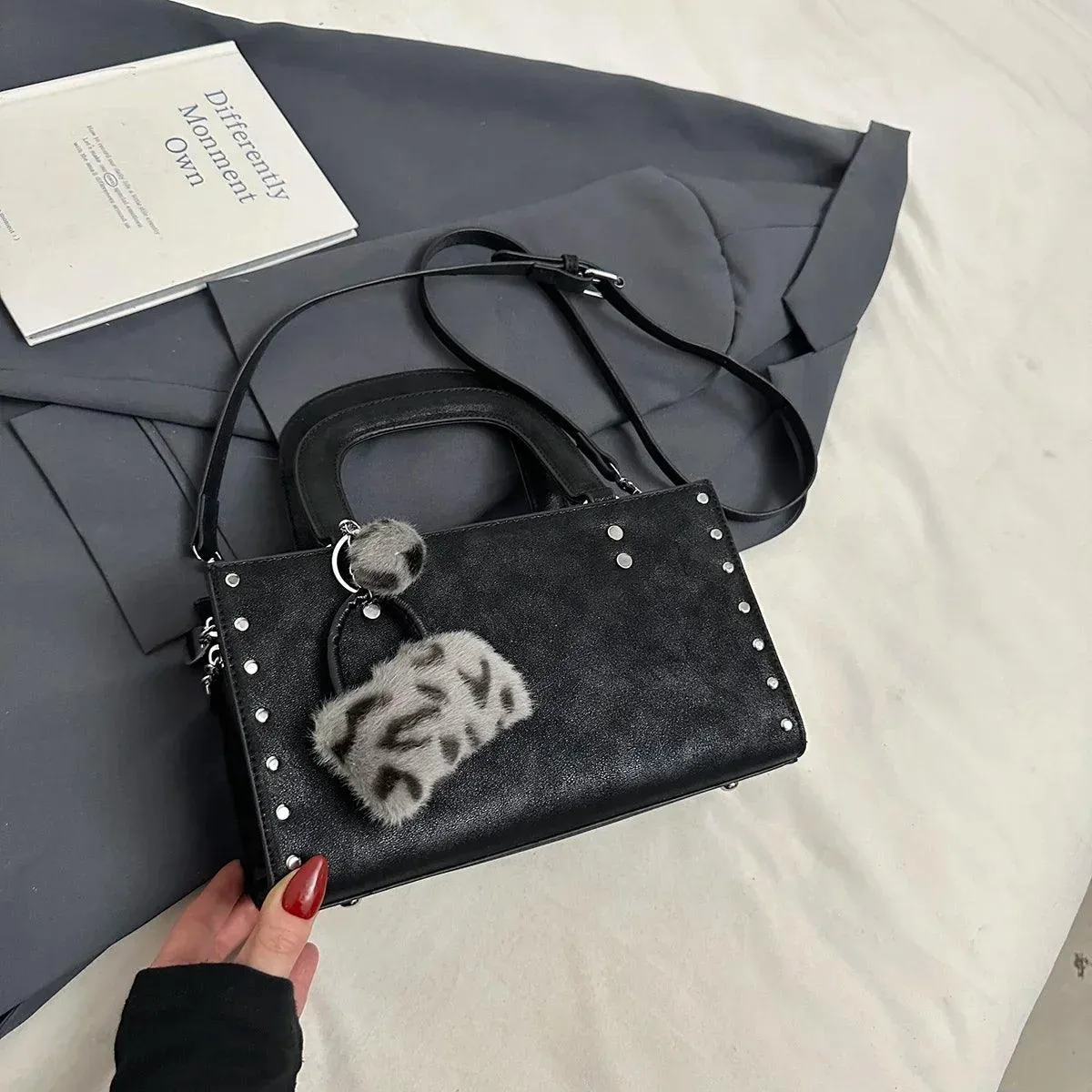 Small Leather Tote Bags Zipper Leopard Faux Fur Pendant Accessories Crossbody