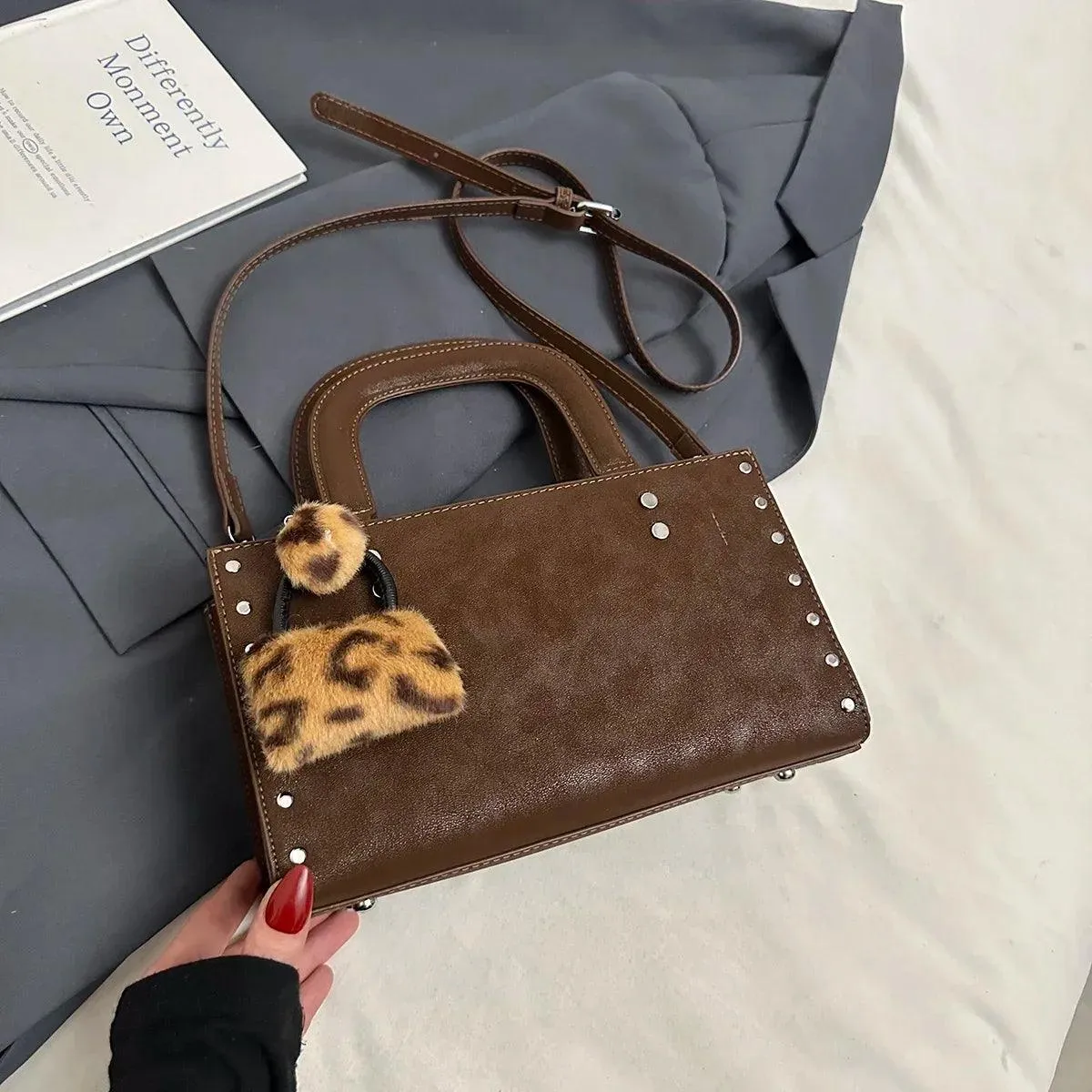 Small Leather Tote Bags Zipper Leopard Faux Fur Pendant Accessories Crossbody