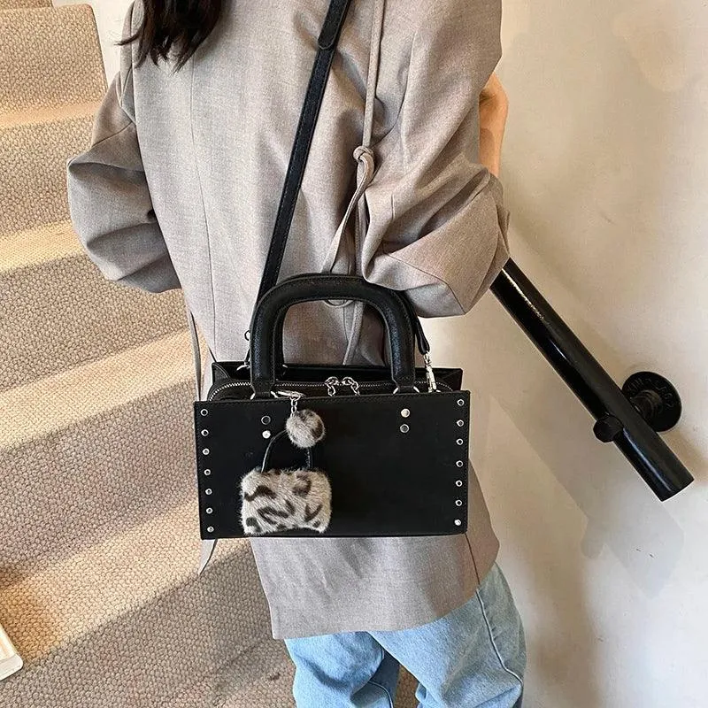 Small Leather Tote Bags Zipper Leopard Faux Fur Pendant Accessories Crossbody