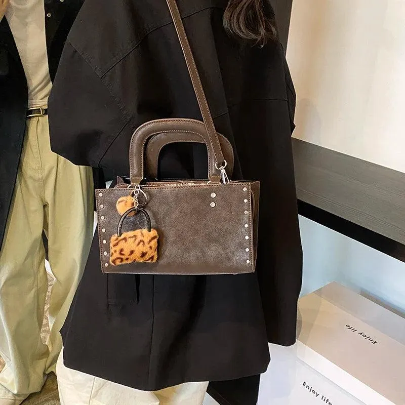 Small Leather Tote Bags Zipper Leopard Faux Fur Pendant Accessories Crossbody