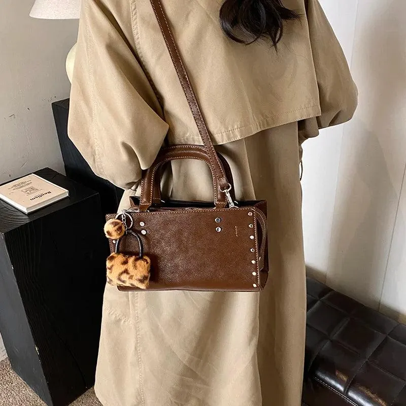 Small Leather Tote Bags Zipper Leopard Faux Fur Pendant Accessories Crossbody