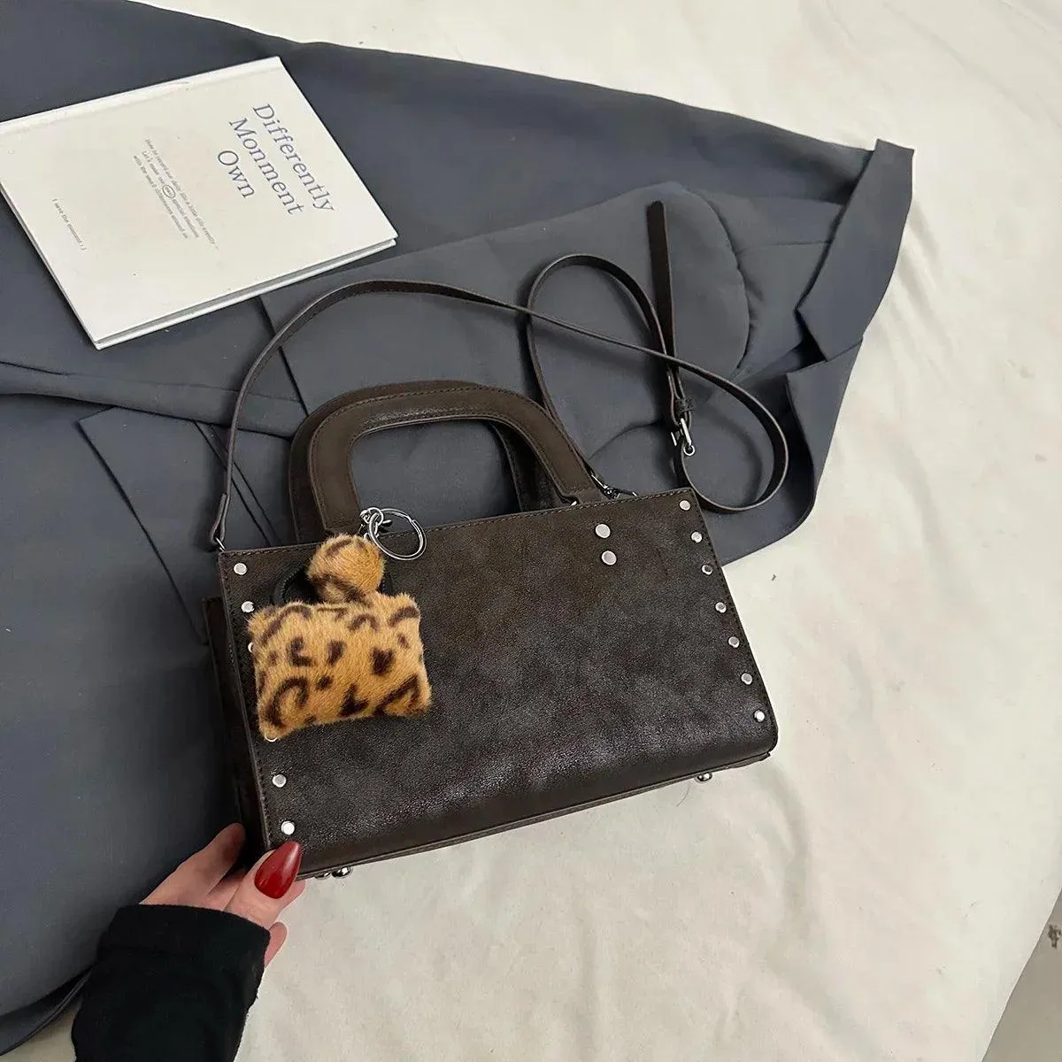 Small Leather Tote Bags Zipper Leopard Faux Fur Pendant Accessories Crossbody