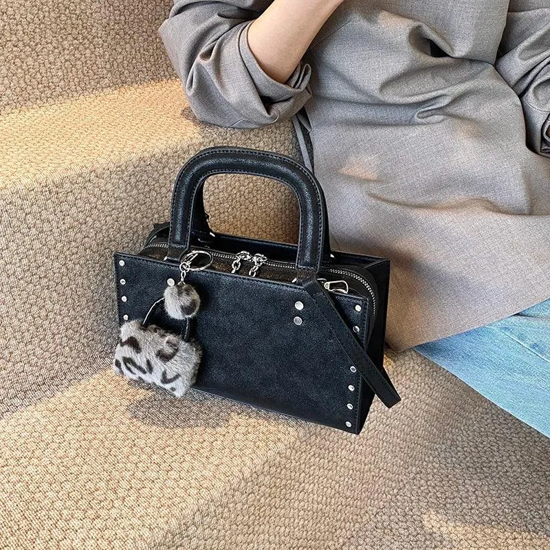 Small Leather Tote Bags Zipper Leopard Faux Fur Pendant Accessories Crossbody