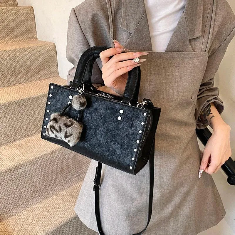 Small Leather Tote Bags Zipper Leopard Faux Fur Pendant Accessories Crossbody