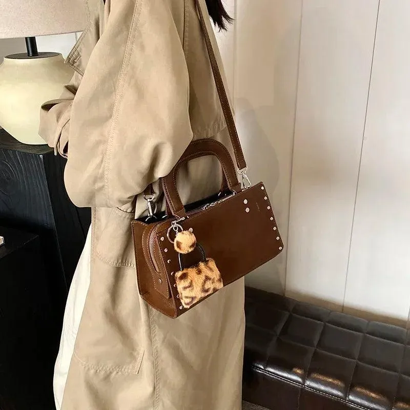 Small Leather Tote Bags Zipper Leopard Faux Fur Pendant Accessories Crossbody