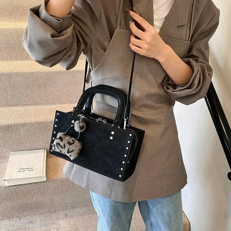 Small Leather Tote Bags Zipper Leopard Faux Fur Pendant Accessories Crossbody