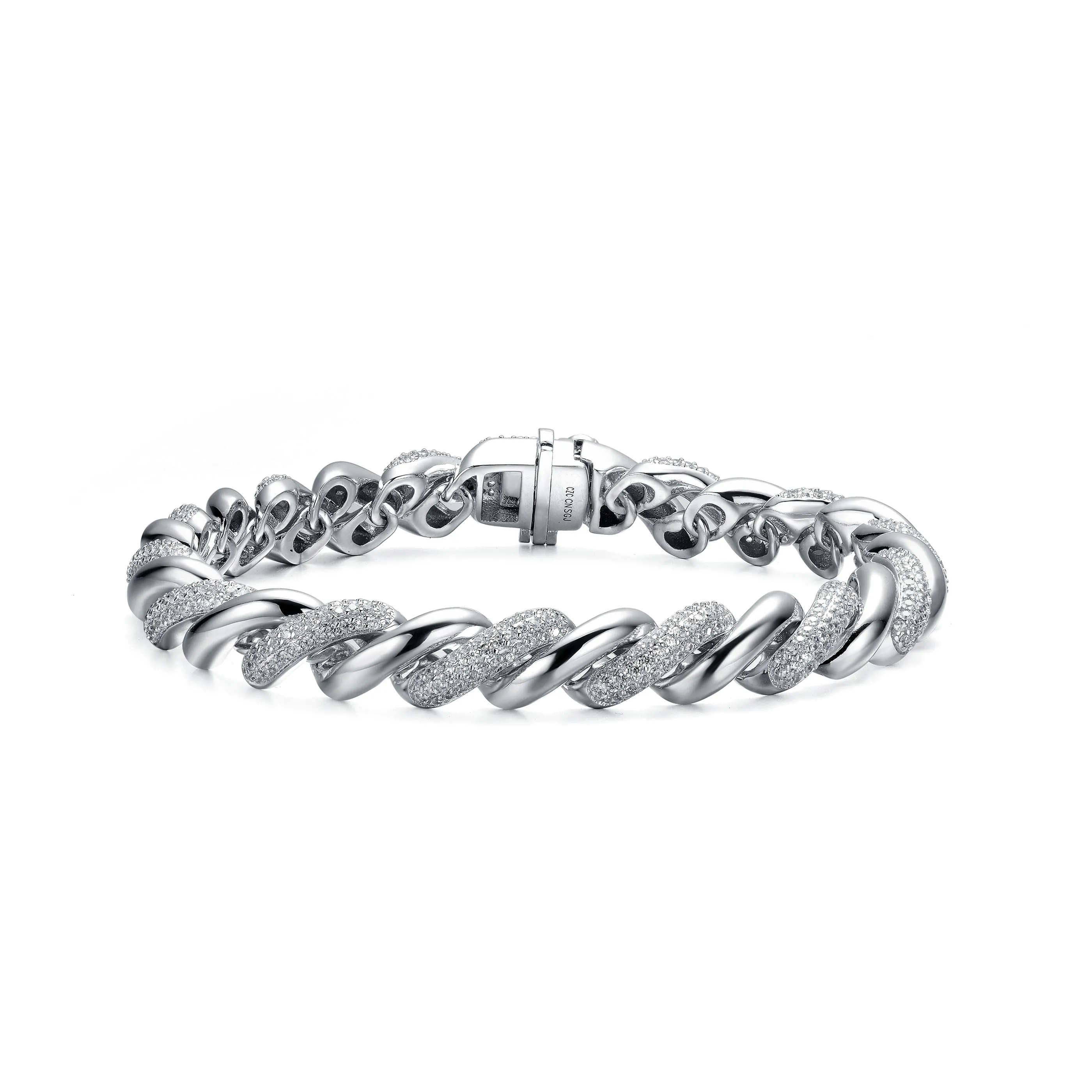Sterling Silver with Rhodium Plated Clear Round Cubic Zirconia Wavy Twisted Bracelet