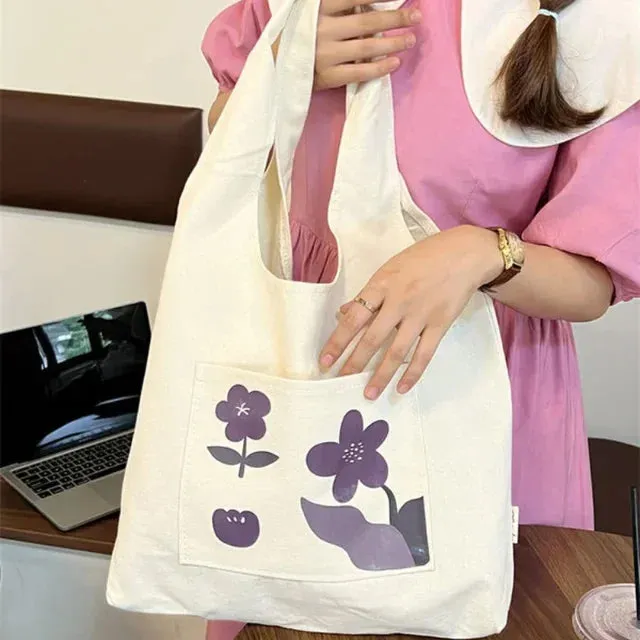 TAVIMART  -  Canvas Women Sweet Flower Print Tote Bags Korean Vintage Trendy Chic Handbag High-capacity Casual Y2k Shoulder Underarm Bag
