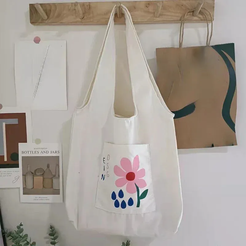 TAVIMART  -  Canvas Women Sweet Flower Print Tote Bags Korean Vintage Trendy Chic Handbag High-capacity Casual Y2k Shoulder Underarm Bag
