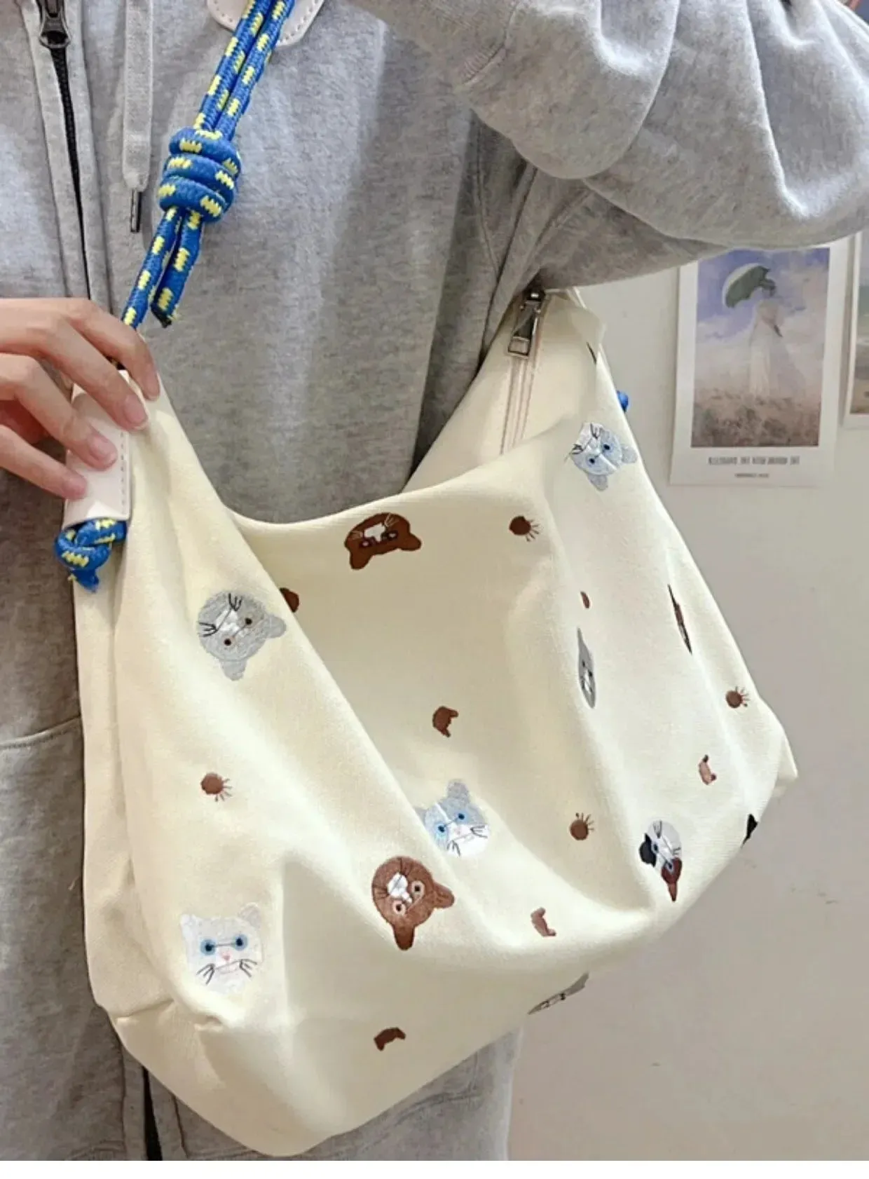 TAVIMART  -  Cartoon Sweet Cat Embroidery Shoulder Bags Women Kawaii Cute Y2k Casual Handbags Trendy Japanese All Match Canvas Underarm Bag