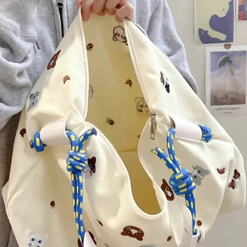 TAVIMART  -  Cartoon Sweet Cat Embroidery Shoulder Bags Women Kawaii Cute Y2k Casual Handbags Trendy Japanese All Match Canvas Underarm Bag