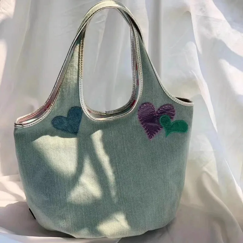 TAVIMART  -  Japanese Sweet Patchwork Heart Top-Handle Bags Women Casual Shopping Bag Y2k Aesthetic Fashion Kawaii Purses and Handbags Trendy