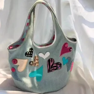 TAVIMART  -  Japanese Sweet Patchwork Heart Top-Handle Bags Women Casual Shopping Bag Y2k Aesthetic Fashion Kawaii Purses and Handbags Trendy
