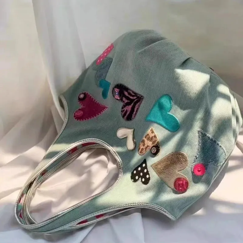 TAVIMART  -  Japanese Sweet Patchwork Heart Top-Handle Bags Women Casual Shopping Bag Y2k Aesthetic Fashion Kawaii Purses and Handbags Trendy