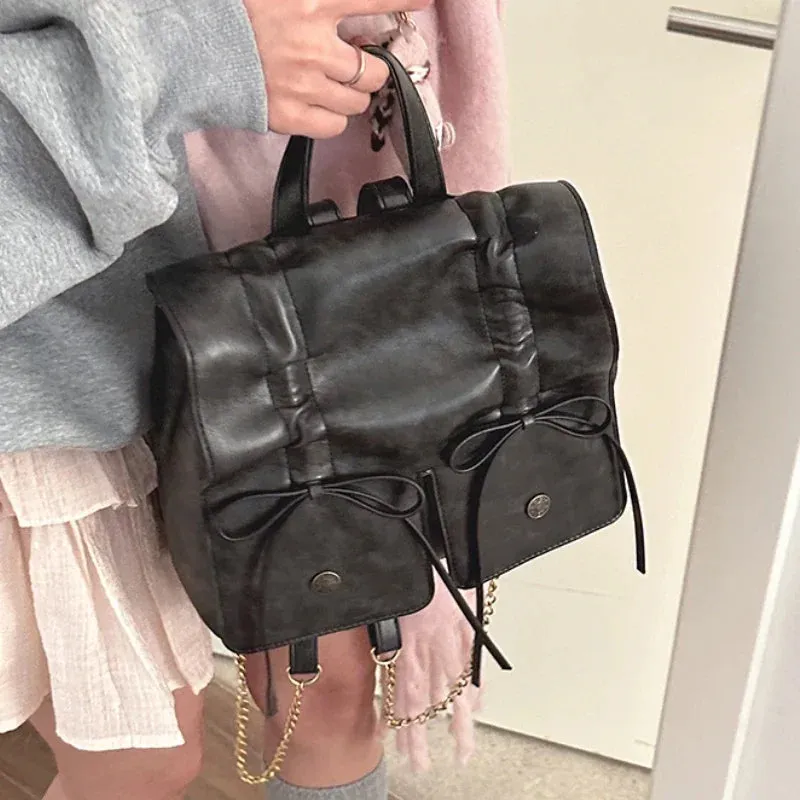 TAVIMART  -  Vintage Fashion Streetwear Backpack Y2k Aesthetic Casual Women Trendy Schoolbag Korean Simple Pleated Bow Backpacks for Students