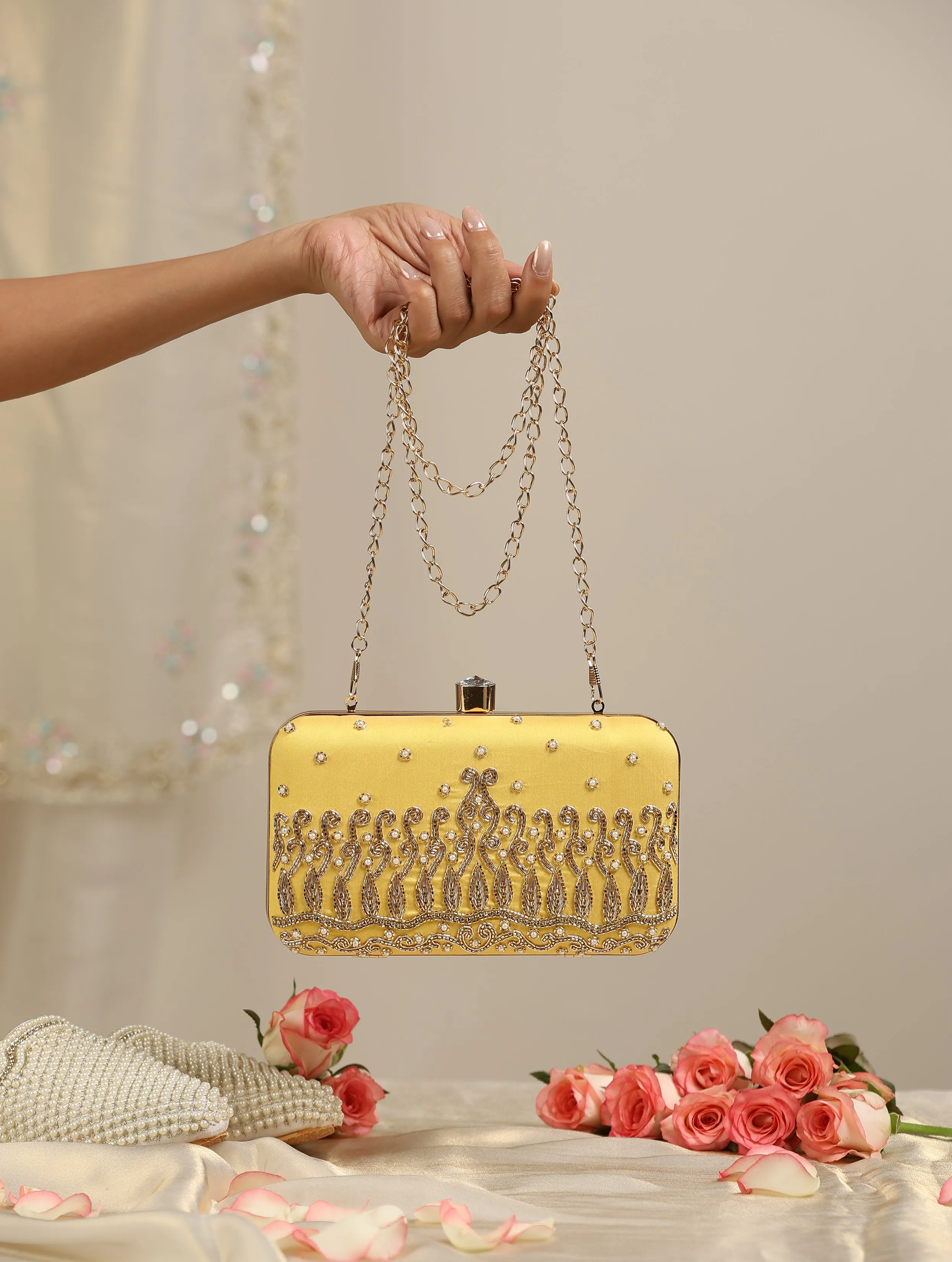 Yellow Metal Bag with Pearls